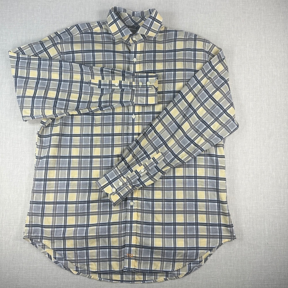 Thomas Dean Button Down Mens Large Yellow Grey Plaid Pima Cotton Long Sleeve - Picture 2 of 13